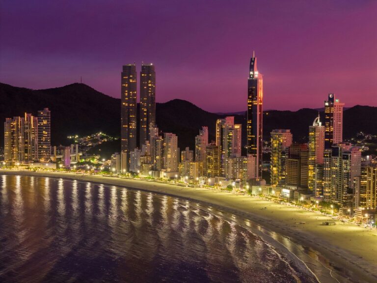 the city skyline at night, with a beach and mountains in the background