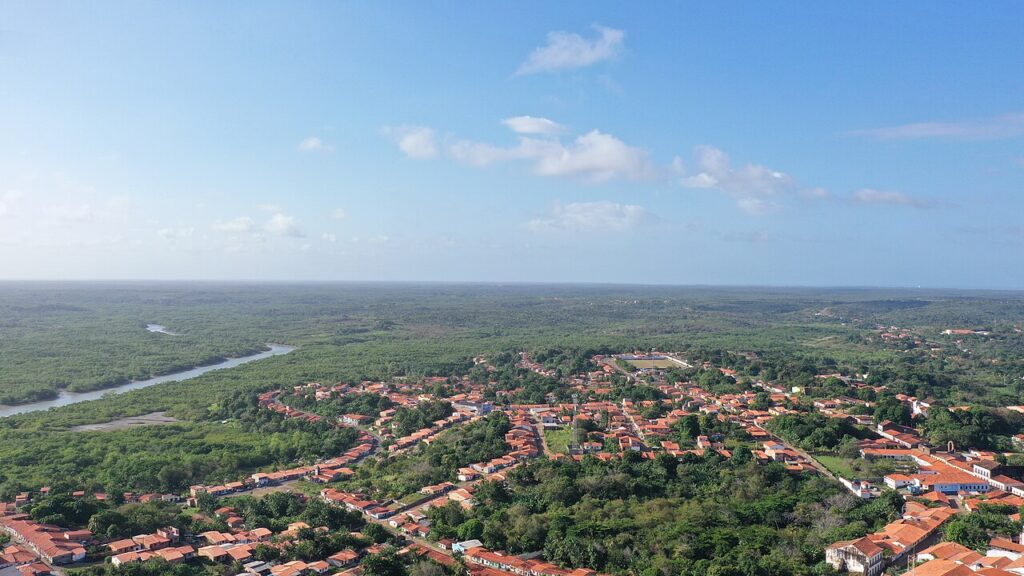 Aerial view of the historic centre of Alc&acirc;ntara with the surrounding mangroves and forest