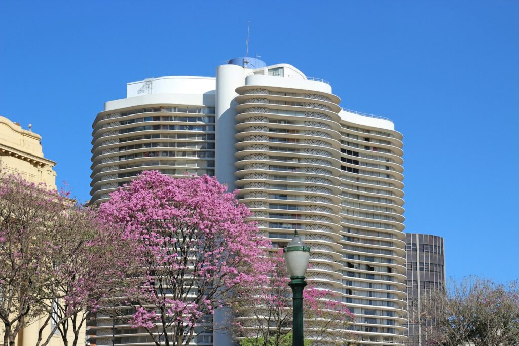Oscar Niemeyer's Edif&iacute;cio Niemeyer on Pra&ccedil;a da Liberdade with a flowering tree, Belo Horizonte, by Luiz Felipe S. C.