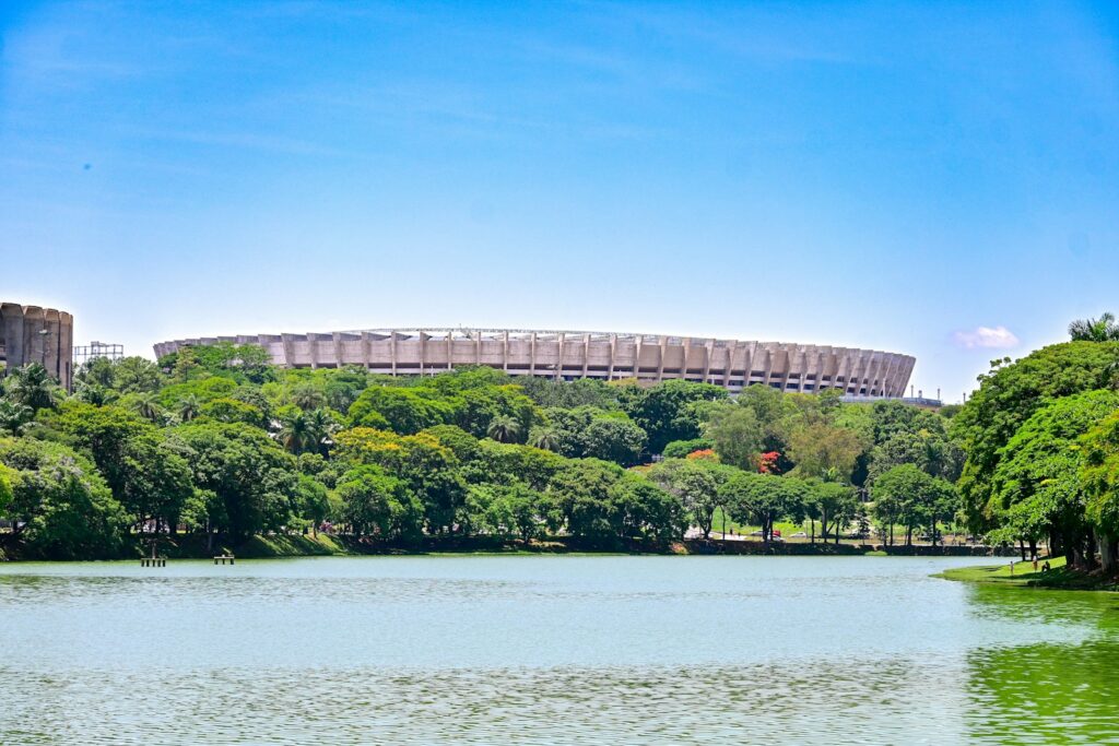 Lagoa da Pampulha with the Mineir&atilde;o stadium in the background, Belo Horizonte, by Fernando Dantas