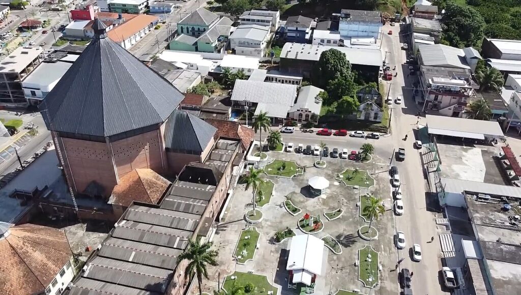 Aerial view of central Cruzeiro do Sul with the octagonal cathedral, Acre