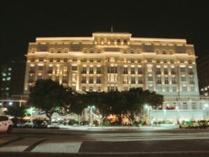 Michelin Keys 2026 in Brazil: grand illuminated hotel building at night with trees