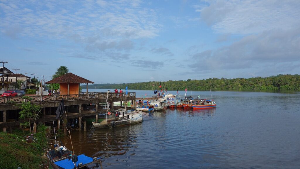 Boats and piers on the Oiapoque River waterfront, Oiapoque