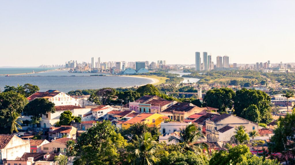 Aerial view over Olinda towards the coast, by Nat Belfort