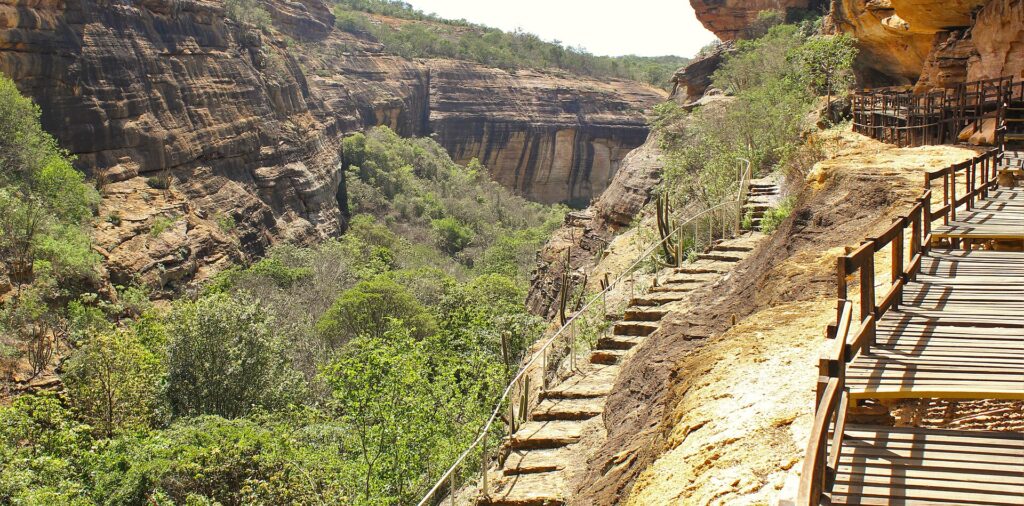 Walking trail among the sandstone cliffs of Serra da Capivara National Park, Piau&iacute;