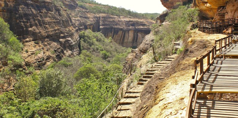 Walking trail among the sandstone cliffs of Serra da Capivara National Park, Piauí