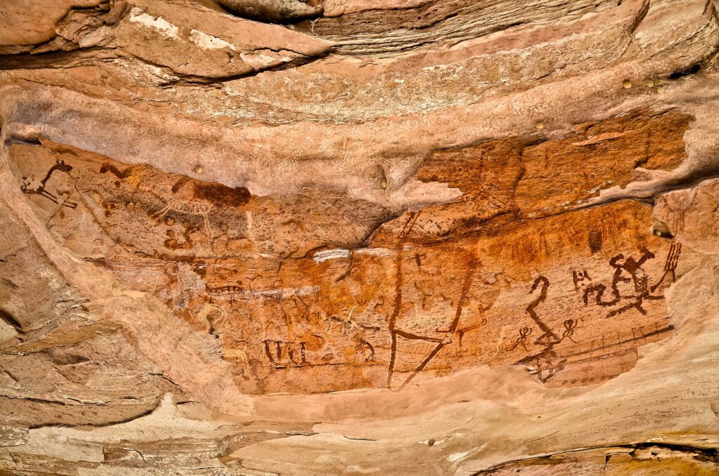 Prehistoric rock paintings at an archaeological site in Serra da Capivara National Park, Piau&iacute;